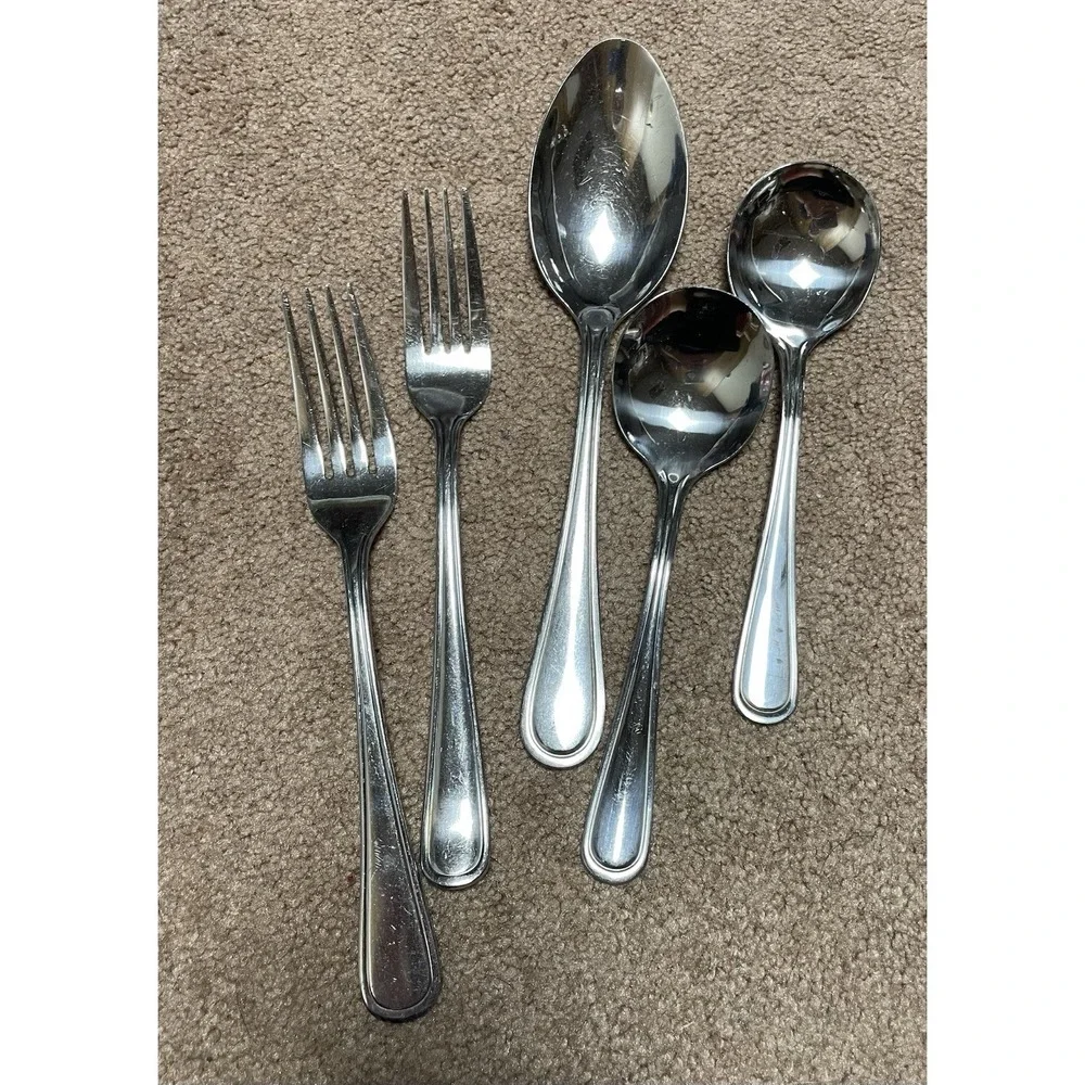 8 Piece Tress Style Stainless Serving Spoon &‎ Dinner Forks & Soup Spoons Vtg